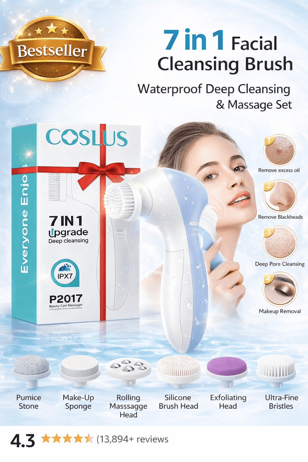 COSLUS 7-in-1 facial cleansing brush set with accessories